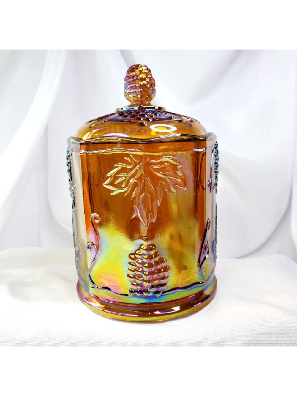 VTG Marigold Carnival Glass Canister Jar & Lid 7" Harvest Grape Indiana Glass - Picture 13 of 16